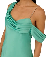 Adrianna Papell Stretch Satin Asymmetrical One Shoulder Neck Rhinestone Strap Pleated Sheath Dress