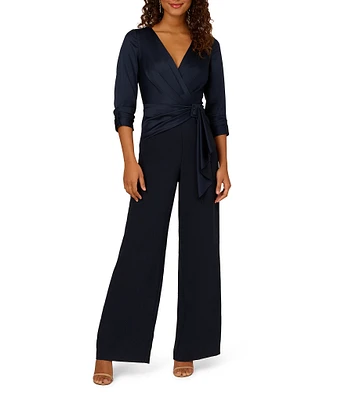 Adrianna Papell Stretch Satin Crepe Surplice V-Neck 3/4 Sleeve Side Drape Jumpsuit