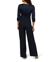 Adrianna Papell Stretch Satin Crepe Surplice V-Neck 3/4 Sleeve Side Drape Jumpsuit