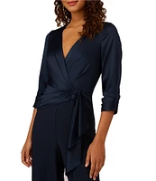 Adrianna Papell Stretch Satin Crepe Surplice V-Neck 3/4 Sleeve Side Drape Jumpsuit