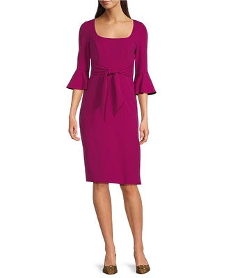 Adrianna Papell Stretch Square Neck 3/4 Bell Sleeve Tie Front Dress