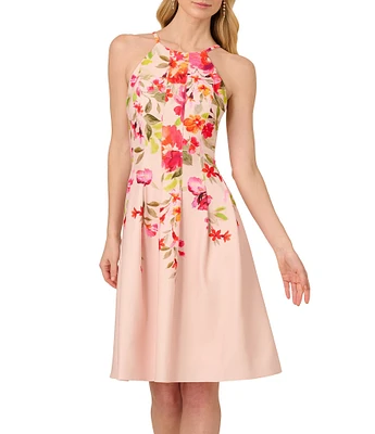 Adrianna Papell Stretch Twill Floral Print Halter Neck Sleeveless A-Line Knee Length Dress