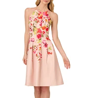 Adrianna Papell Stretch Twill Floral Print Halter Neck Sleeveless A-Line Knee Length Dress