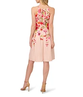Adrianna Papell Stretch Twill Floral Print Halter Neck Sleeveless A-Line Knee Length Dress