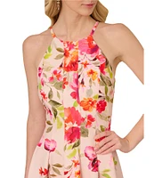 Adrianna Papell Stretch Twill Floral Print Halter Neck Sleeveless A-Line Knee Length Dress