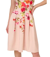 Adrianna Papell Stretch Twill Floral Print Halter Neck Sleeveless A-Line Knee Length Dress
