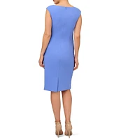 Adrianna Papell Stretch V-Neck Cap Sleeve Cascading Ruffle Side Drape Sheath Dress