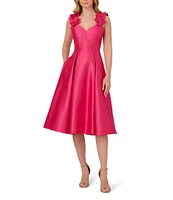 Adrianna Papell Sweetheart Neck 3D Floral Strap Mikado Fit & Flare Midi Dress