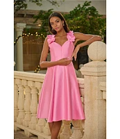 Adrianna Papell Sweetheart Neck 3D Floral Strap Mikado Fit & Flare Midi Dress