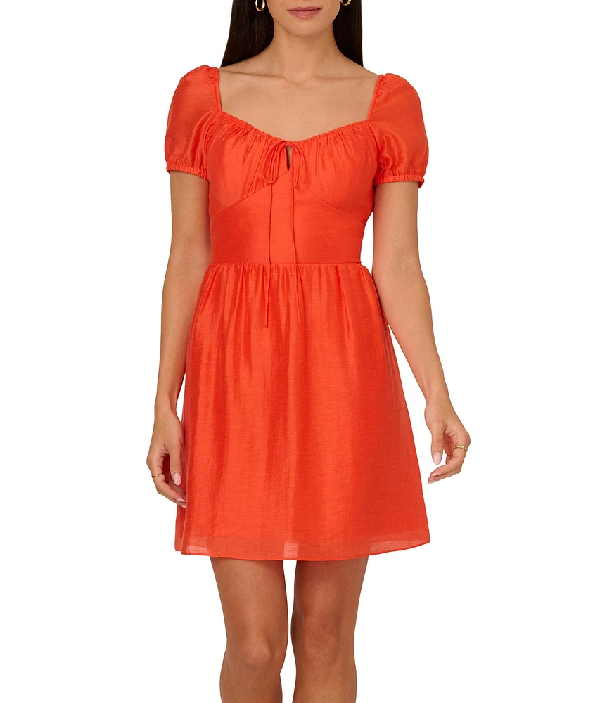 Adrianna by Adrianna Papell Sweetheart Tie Keyhole Neck Short Puff Sleeve Mini Dress