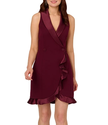 Adrianna Papell Tuxedo V-Neck Sleeveless Ruffle Trim Mini Dress