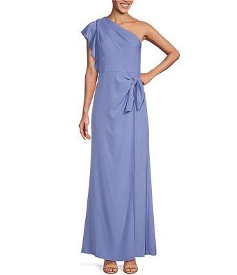 Adrianna Papell Twill One Shoulder Flutter Short Sleeve Faux Wrap Dress