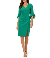 Adrianna Papell V-Neck 3/4 Ruffle Bell Sleeve Ruched Scuba Sheath Dress