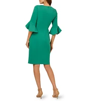 Adrianna Papell V-Neck 3/4 Ruffle Bell Sleeve Ruched Scuba Sheath Dress