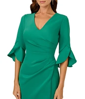 Adrianna Papell V-Neck 3/4 Ruffle Bell Sleeve Ruched Scuba Sheath Dress