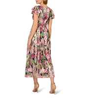 Adrianna Papell V-Neck Flutter Cap Sleeves Floral Metallic Crinkle Chiffon Midi Dress