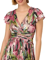 Adrianna Papell V-Neck Flutter Cap Sleeves Floral Metallic Crinkle Chiffon Midi Dress