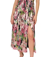 Adrianna Papell V-Neck Flutter Cap Sleeves Floral Metallic Crinkle Chiffon Midi Dress