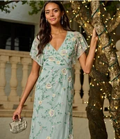 Adrianna Papell V-Neck Flutter Sleeve Floral Beaded Mesh Hi-Lo Gown