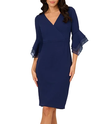 Adrianna Papell V-Neck Organza Bell Sleeve Crepe Sheath Dress
