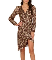 Adrianna Papell V-Neck Palm Leaf Metallic Crinkle Knit Faux Wrap Dress