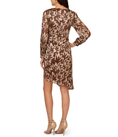 Adrianna Papell V-Neck Palm Leaf Metallic Crinkle Knit Faux Wrap Dress