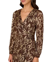 Adrianna Papell V-Neck Palm Leaf Metallic Crinkle Knit Faux Wrap Dress