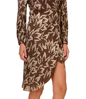 Adrianna Papell V-Neck Palm Leaf Metallic Crinkle Knit Faux Wrap Dress