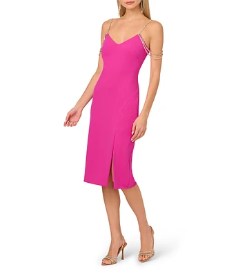 Adrianna Papell V-neck Rhinestone Strap Knit Crepe Midi Dress