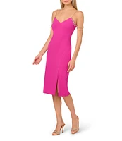Adrianna Papell V-neck Rhinestone Strap Knit Crepe Midi Dress