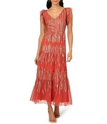 Adrianna Papell V-Neck Ruffle Shoulder Beaded Mesh Tiered Tea Length Dress