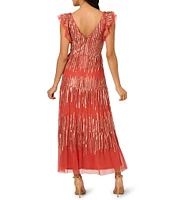 Adrianna Papell V-Neck Ruffle Shoulder Beaded Mesh Tiered Tea Length Dress
