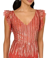 Adrianna Papell V-Neck Ruffle Shoulder Beaded Mesh Tiered Tea Length Dress