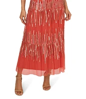 Adrianna Papell V-Neck Ruffle Shoulder Beaded Mesh Tiered Tea Length Dress