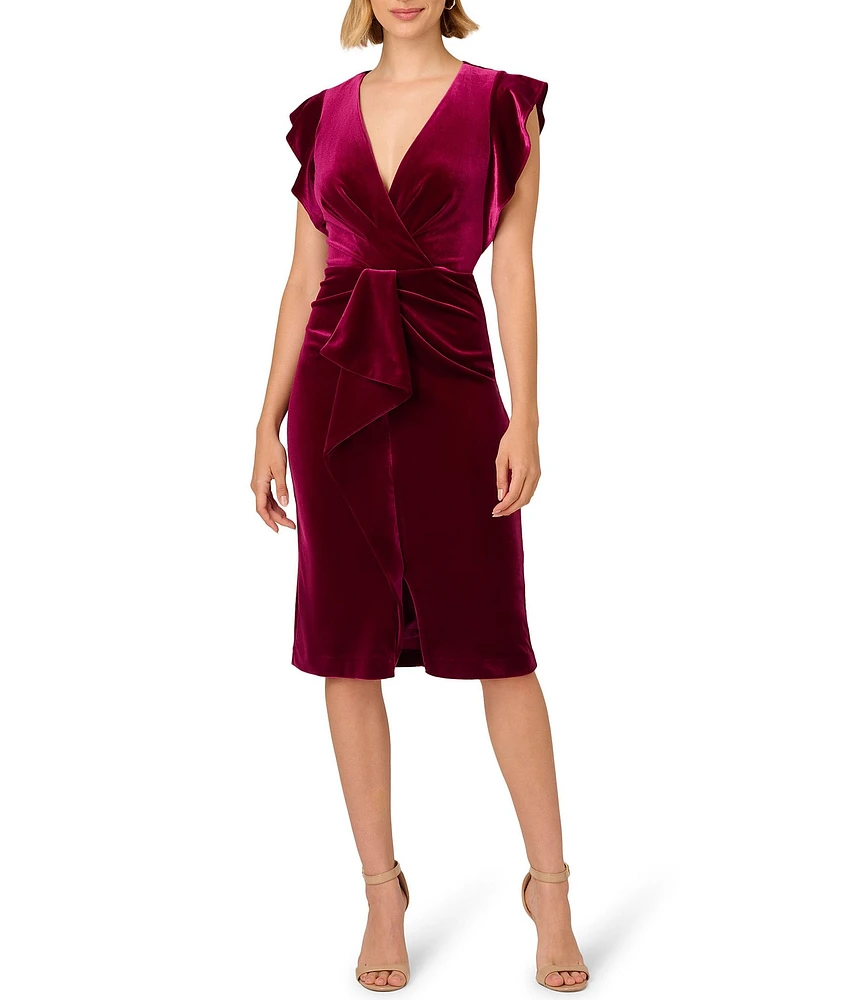 Adrianna Papell V-Neck Ruffle Trim Stretch Velvet Faux Wrap Dress