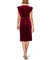 Adrianna Papell V-Neck Ruffle Trim Stretch Velvet Faux Wrap Dress