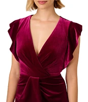 Adrianna Papell V-Neck Ruffle Trim Stretch Velvet Faux Wrap Dress