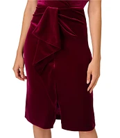 Adrianna Papell V-Neck Ruffle Trim Stretch Velvet Faux Wrap Dress