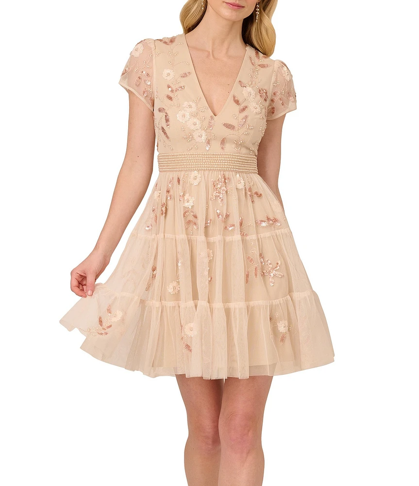 Adrianna Papell V-Neck Short Sleeve Beaded Mesh Tiered A-Line Dress