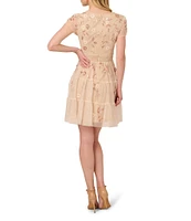 Adrianna Papell V-Neck Short Sleeve Beaded Mesh Tiered A-Line Dress