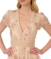 Adrianna Papell V-Neck Short Sleeve Beaded Mesh Tiered A-Line Dress