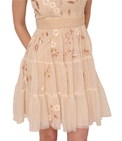 Adrianna Papell V-Neck Short Sleeve Beaded Mesh Tiered A-Line Dress
