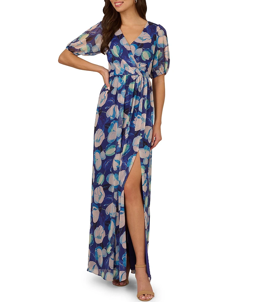 Adrianna Papell V-neck Short Sleeve Floral Print Chiffon Maxi Dress