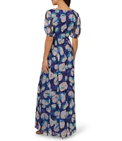 Adrianna Papell V-neck Short Sleeve Floral Print Chiffon Maxi Dress