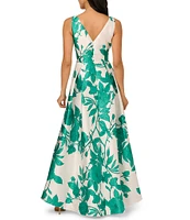 Adrianna Papell V-Neck Sleeveless Pleated Skirt Floral Print Twill High Low Fit & Flare Dress