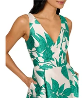 Adrianna Papell V-Neck Sleeveless Pleated Skirt Floral Print Twill High Low Fit & Flare Dress