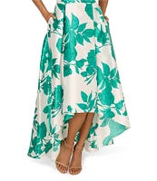 Adrianna Papell V-Neck Sleeveless Pleated Skirt Floral Print Twill High Low Fit & Flare Dress