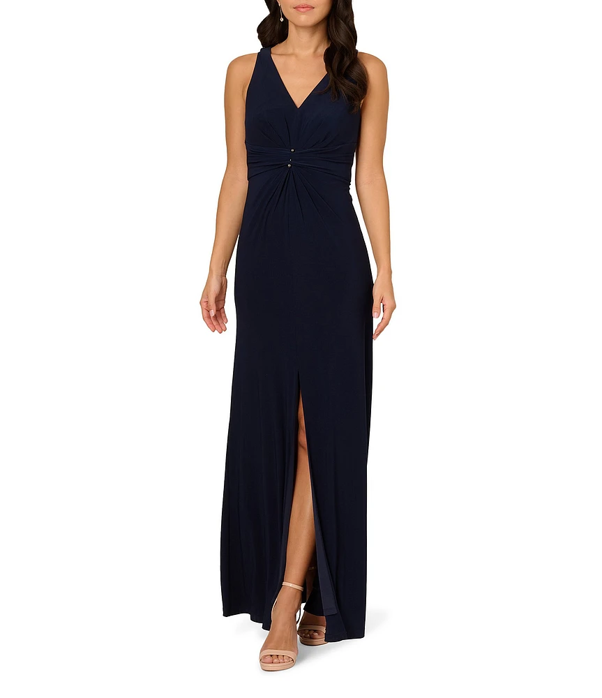 Adrianna Papell V-neck Sleeveless Shirred Jersey Sheath Gown
