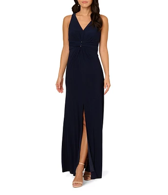 Adrianna Papell V-neck Sleeveless Shirred Jersey Sheath Gown