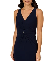 Adrianna Papell V-neck Sleeveless Shirred Jersey Sheath Gown